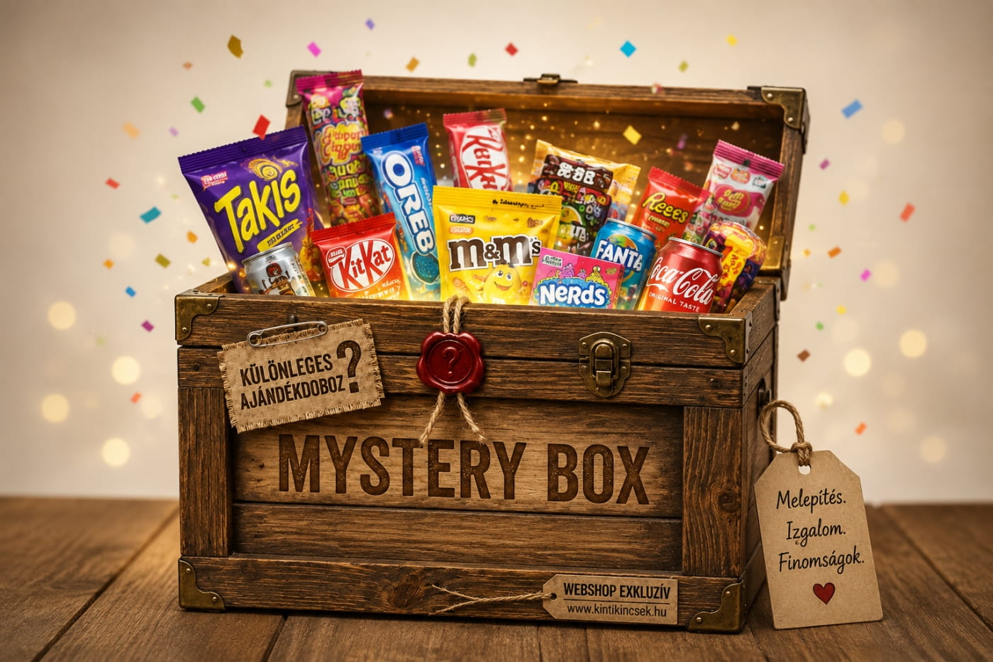 Nyitott Mystery Box különleges édességekkel, snackekkel és üdítőkkel a Kinti Kincsek webáruház kínálatából