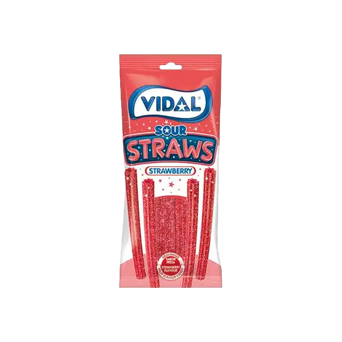 Vidal Sour Straws Strawberry – Savanyú Epres Gumicukor Szálak (90g)
